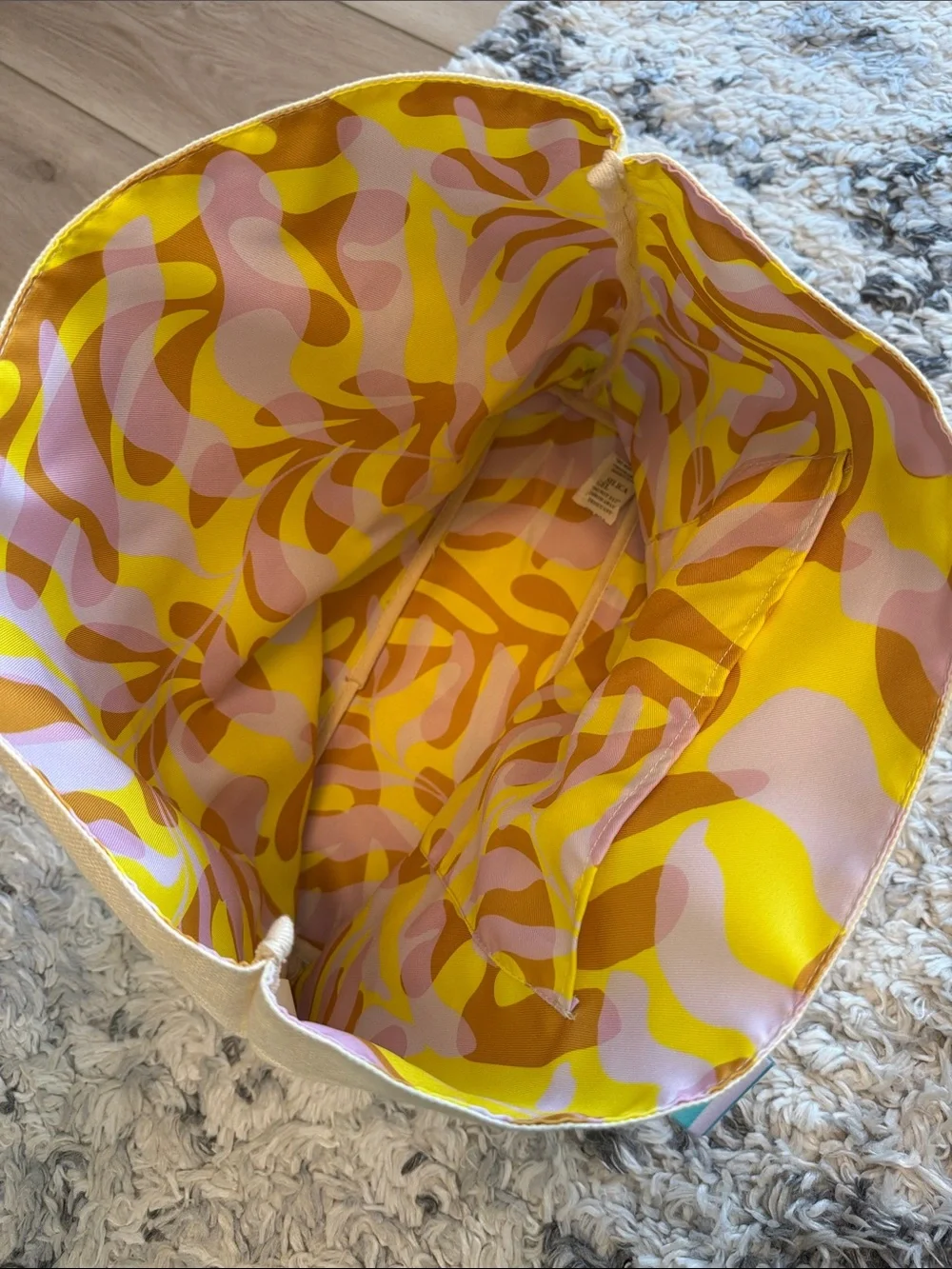 Canvas Beach Tote with hat holder and Striped Handles - Yellow & Teal Accent